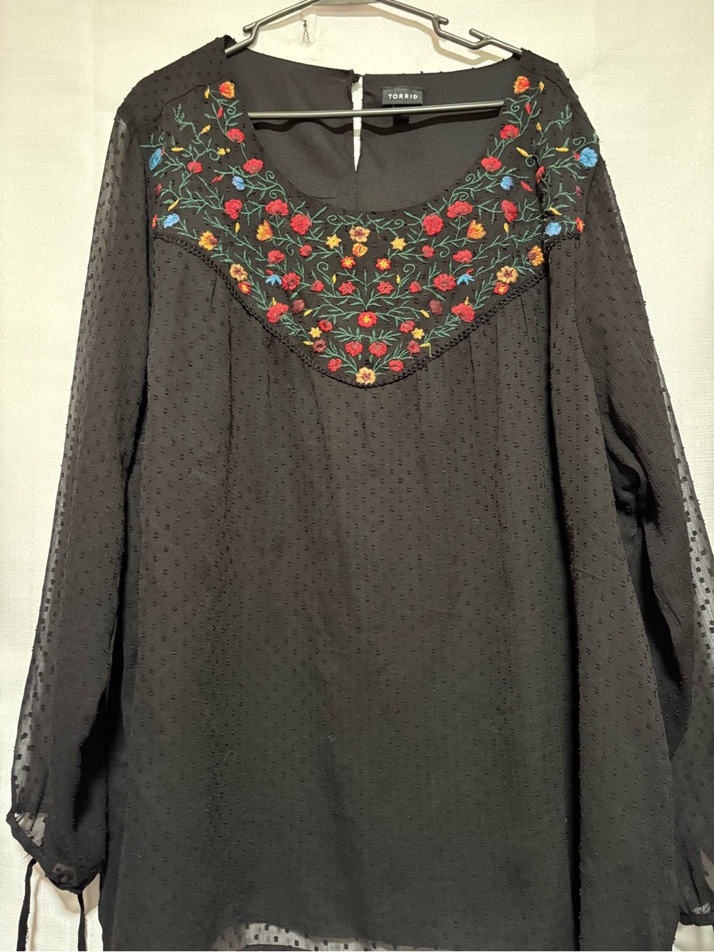 torrid Black Swiss Dot Blouse with Colorful Floral Yoke 4(4X)Embroidered Flowers